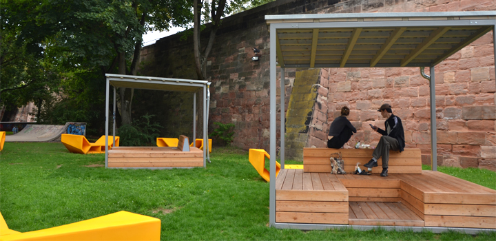 mobiler Stadtpavillon Cub Sitzlandschaft Schattendach dempntierbar - Schulhofmöbel Ney