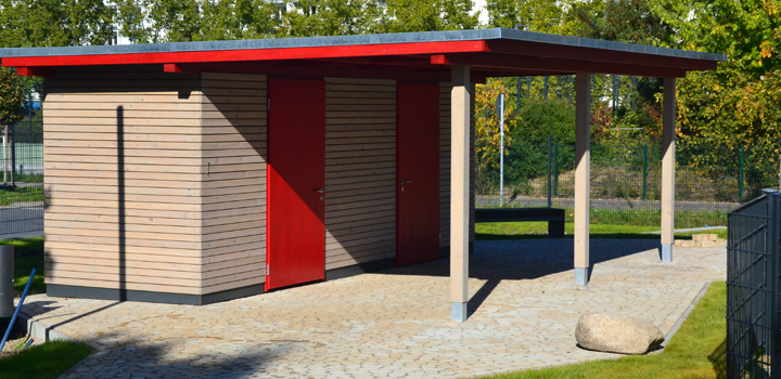 Gerätehaus Pia: farbenfroher Kubus Fassadenplatten HPL - Schulhofmöbel Ney