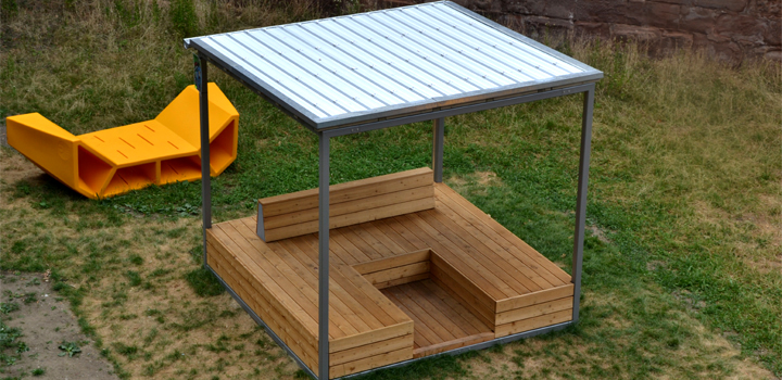 mobiler Stadtpavillons Cube Sitzlandschaft Schattendach demontierbar Schulhofmöbel Ney