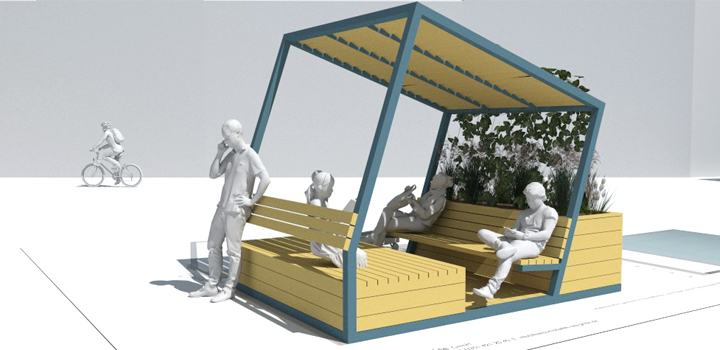 mobiler Stadtpavillons Cube Sitzlandschaft Schattendach demontierbar Schulhofmöbel Ney