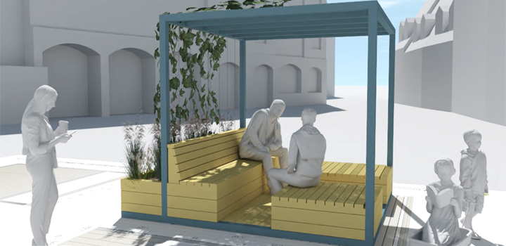 mobiler Stadtpavillon Cub Sitzlandschaft Schattendach dempntierbar - Schulhofmöbel Ney